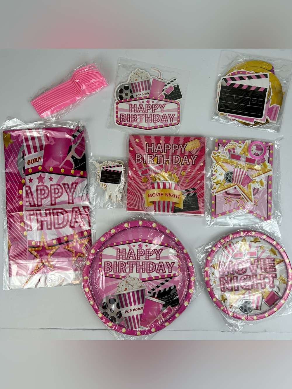 Movie Night Birthday Party Supplies Pink 78 Pc Tableware Decor Set cinema senior